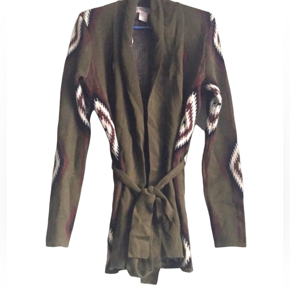 LOVE21 Women’s Green Tribal Patterned Tie Front Cardigan Size M